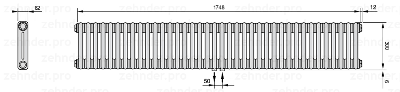 Схема (чертеж) Радиатор Zehnder Charleston 2030/38 №5410 Белый глянцевый RAL 9016